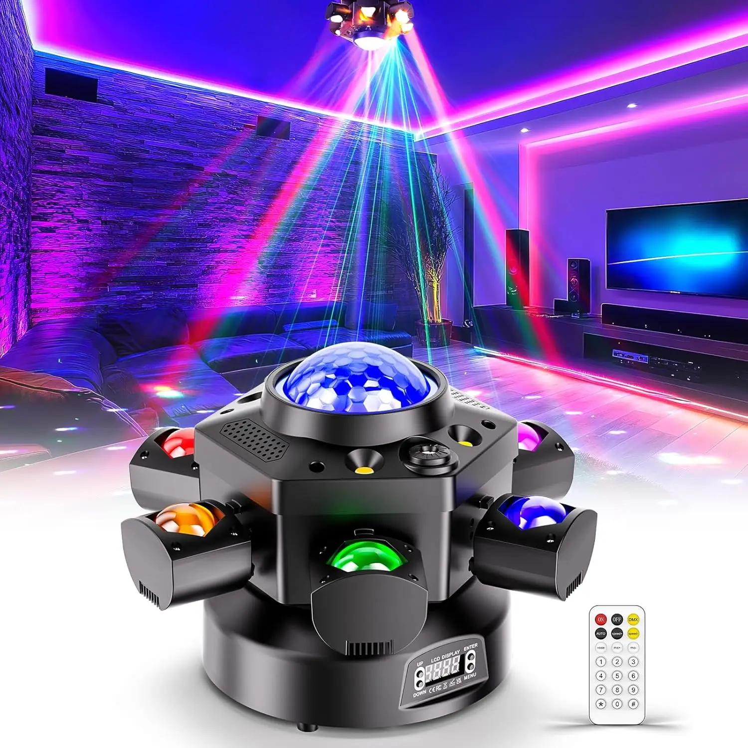 

6-Arm Moving Head Light with RGBW 4-in-1 Stage Lighting Effect & Strobe Effects,Remote,DMX512,AUTO,Sound-Activated and Master-Sl