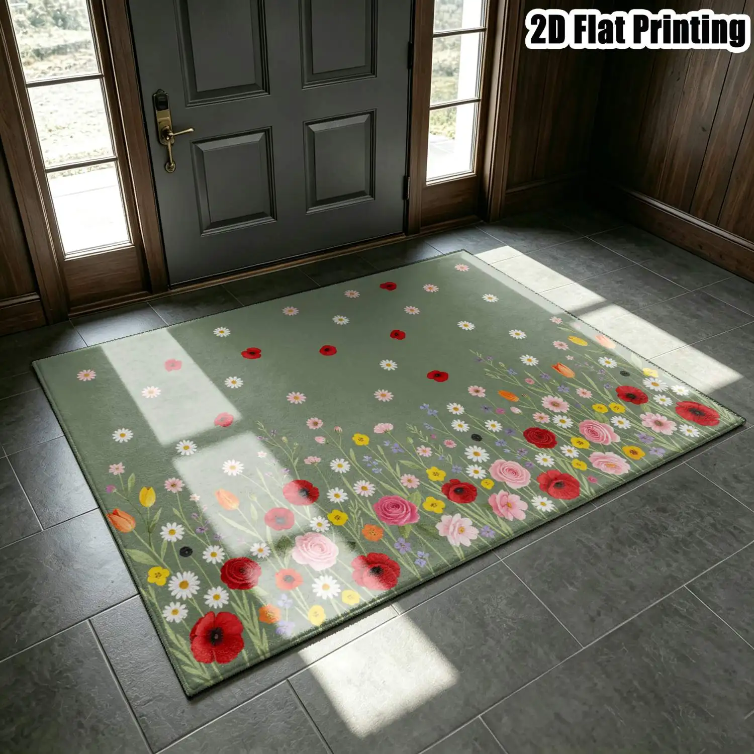 1Pc 2D Printed Carpet: Green Base Pink Flower Nordic/Instagram Style Modern Minimalist Vintage Floor Mat, Machine Washable, Multi-Size, for Home Decoration, Entrance/Dining/Foyer/Bedroom/Living Room