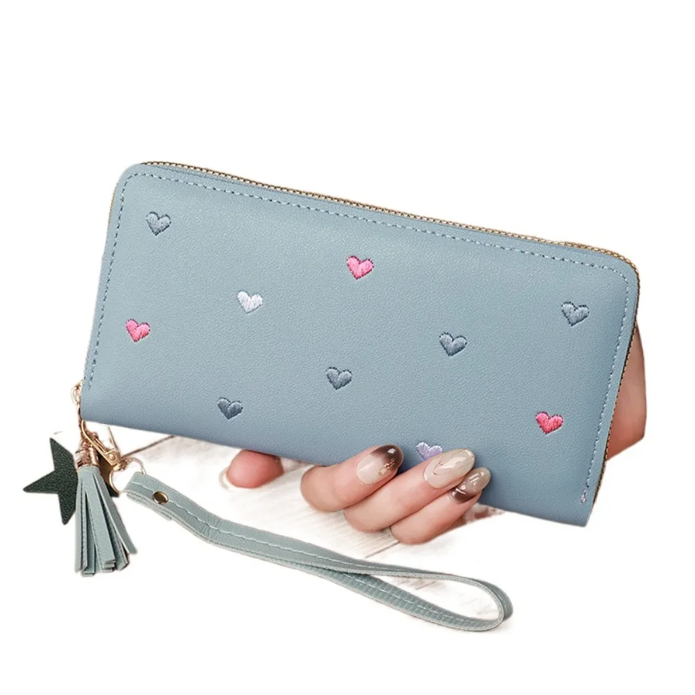 

Ins Korean Women's Long Wallet PU Leather Love Heart Large Capacity Wallet Long Tassel Sweet Clutch Bag Outdor