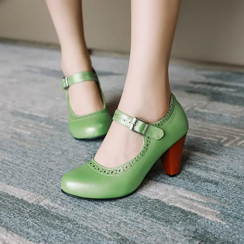 

spike high heels purple green black woman shoes retro lady pumps buckle strap female heels mary janes shoes size 34-48