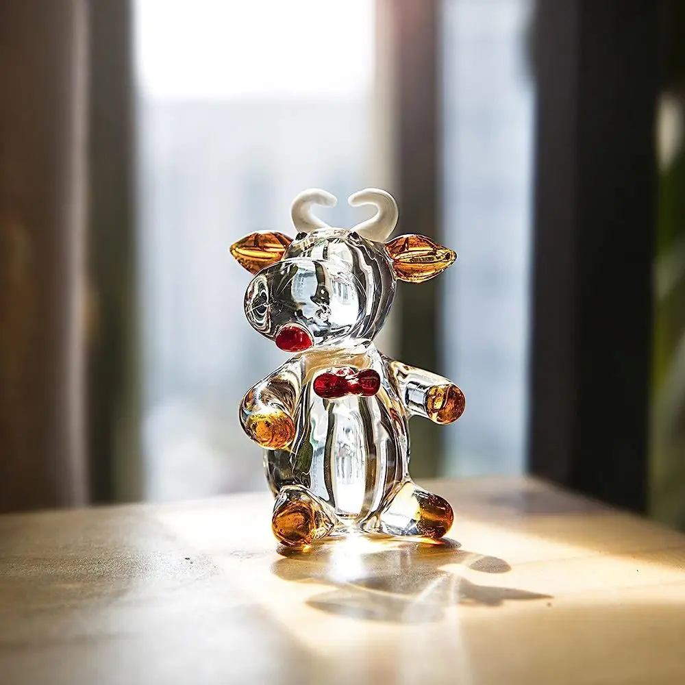 Multicolor Hand Blown Crystal Cow Ornament Cartoon Small Glass Cow Miniature Cute Animal Figurine Living Room