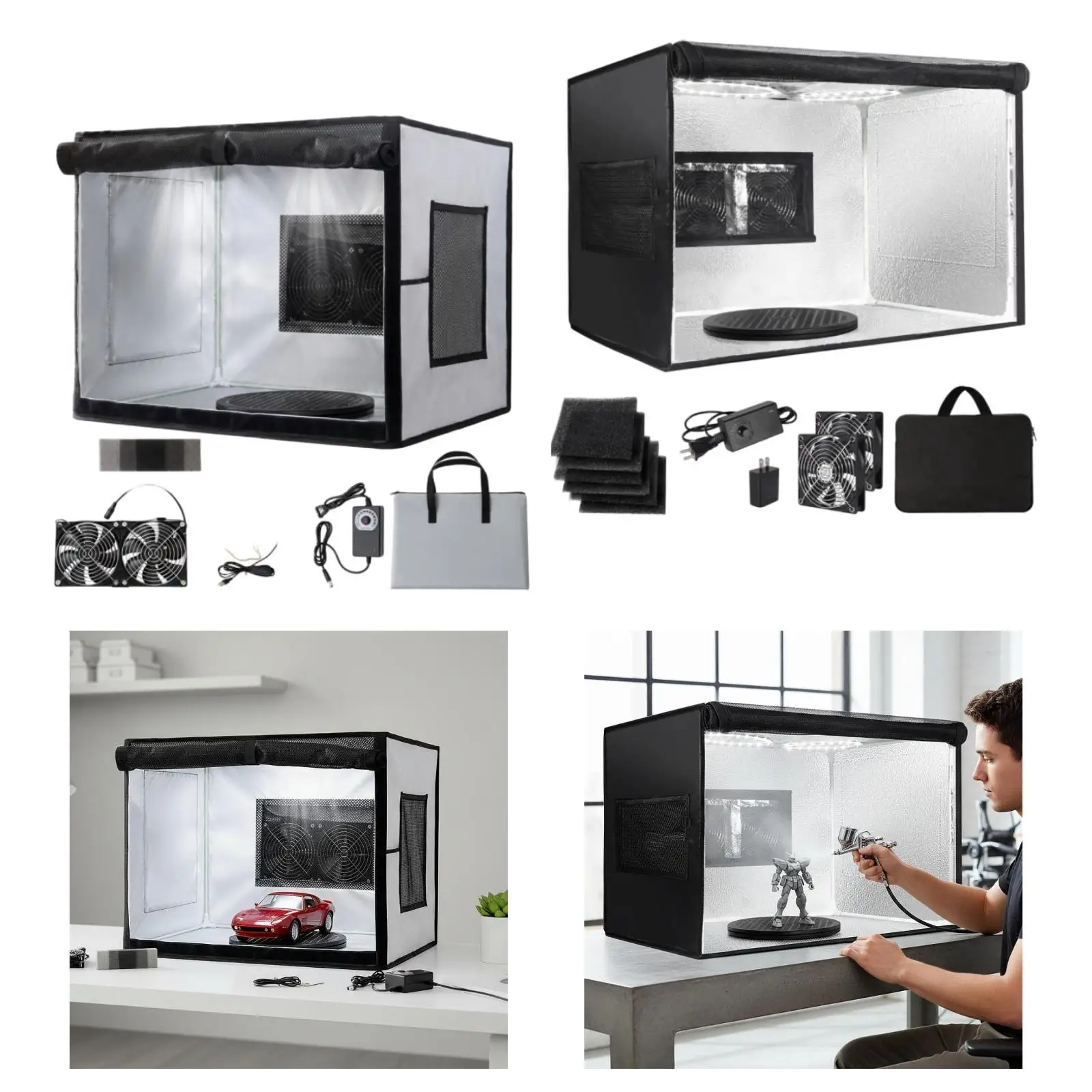 Airbrush Painting Booth Portable Foldable Workstation with Dual Fan Adjustable LED and Turntable for Hobby