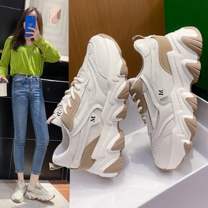 Spot Match Color Stripe Single Shoes Casual Sports Daddy Shoes Female Round Head Before Lacing 2024 Autumn New Women's Shoes