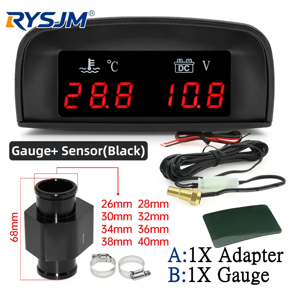 2 In 1 Water Temperature Gauge Car Voltmeter Voltage Gauges Temp Sensor 10mm Head Plug Joint Pipe Sensor Radiator Hose Adapter