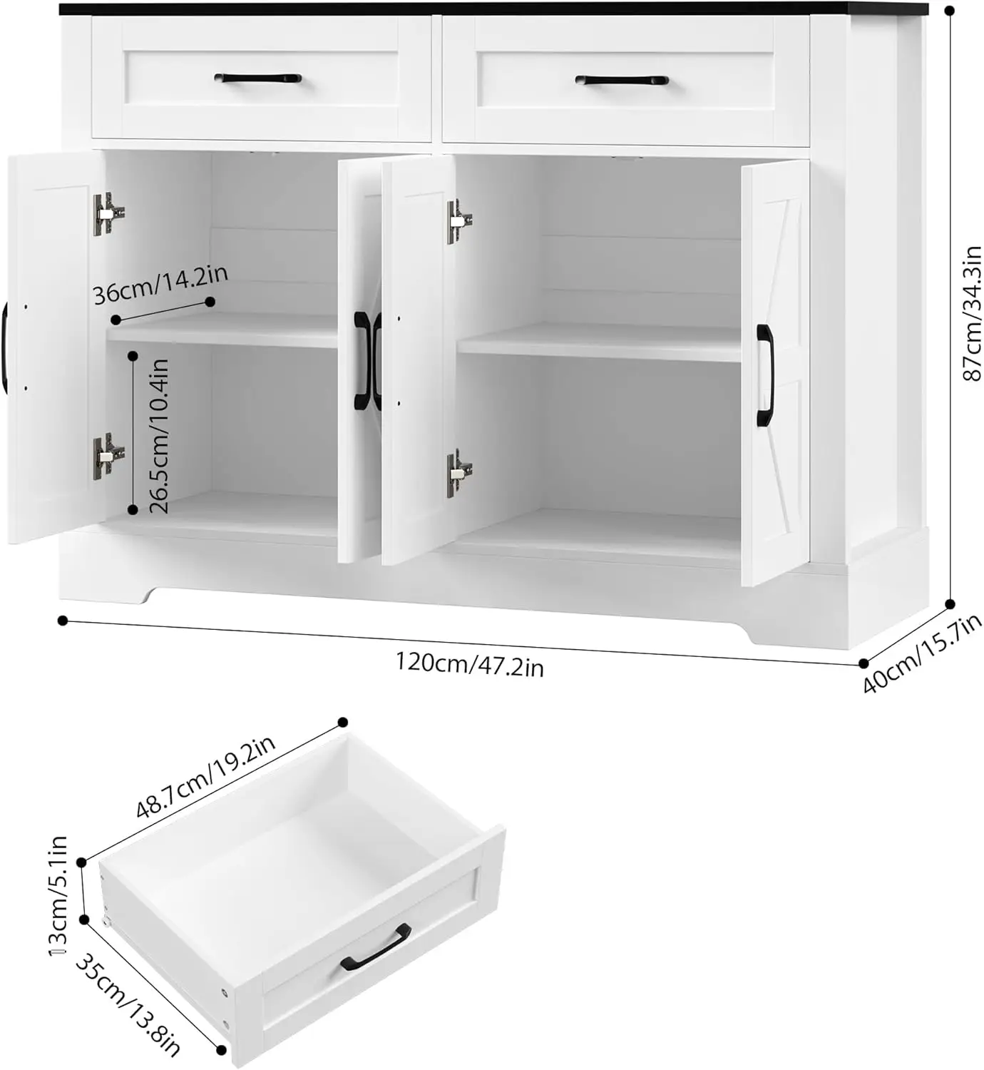 Farmhouse Sideboard Buffet with Drawers, White and Black Kitchen Cabinet for Dining Room, Hallway, Coffee Bar