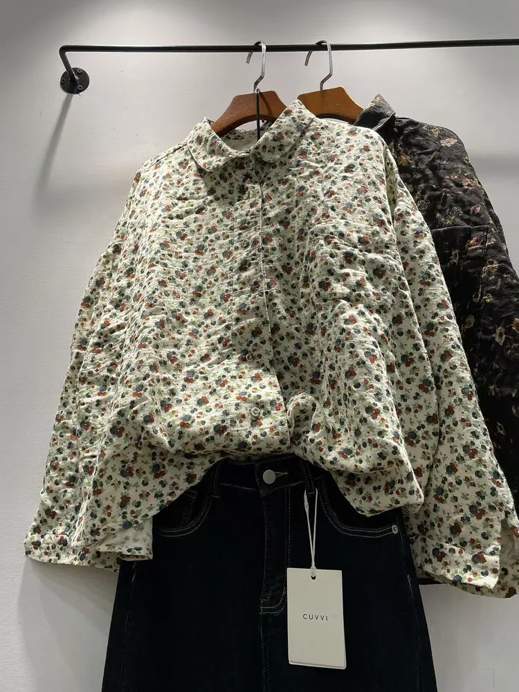 

Spring Autumn Women's Long Sve Cotton irt Floral Print Turn-down Collar Single Button Loose Fit Casual Versatile Slimming