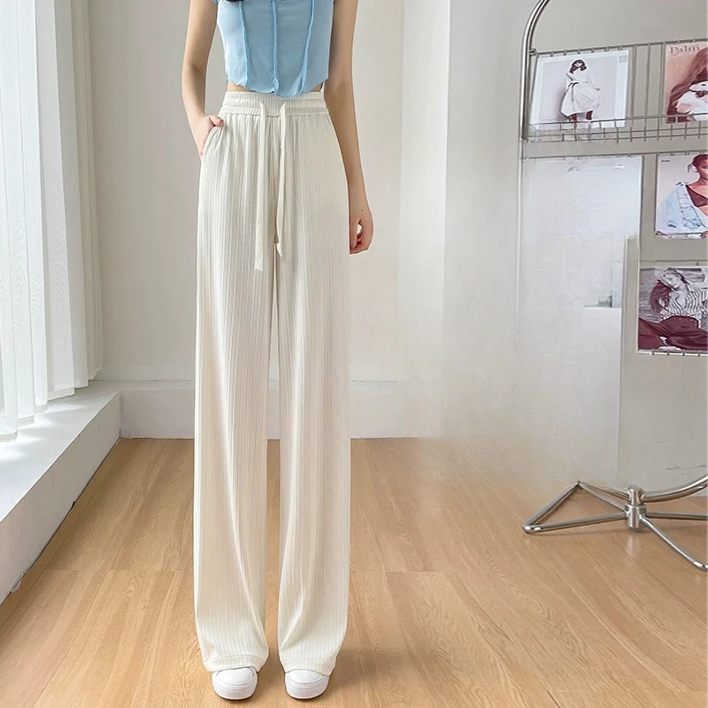 

2024 Women Spring Summer Fashion Thin Straight Trousers Female Ice Silk Wide-leg Pants Ladies Solid Color Loose Pants N76