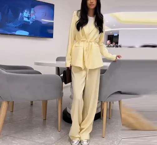 

2025 New Two-Piece Set Fashion Spring Summer Women's Lace Up Long Sleeved Temperament Waist Cinching Straight Leg Pants Set