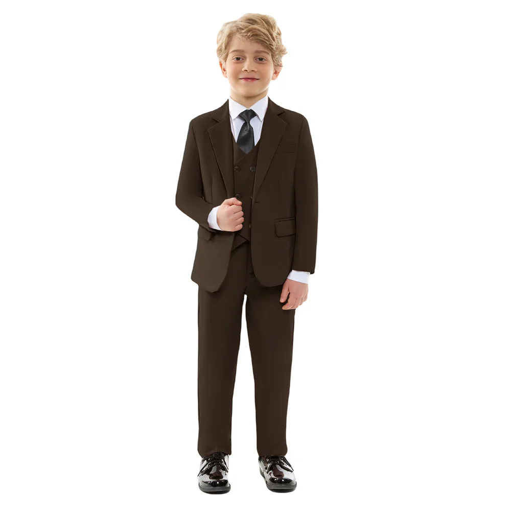 Boys Brown Suit Set Spring Autumn New Children Host Performance Wedding Birthday Party Costume Kids Blazer Pants Bowtie Clothes