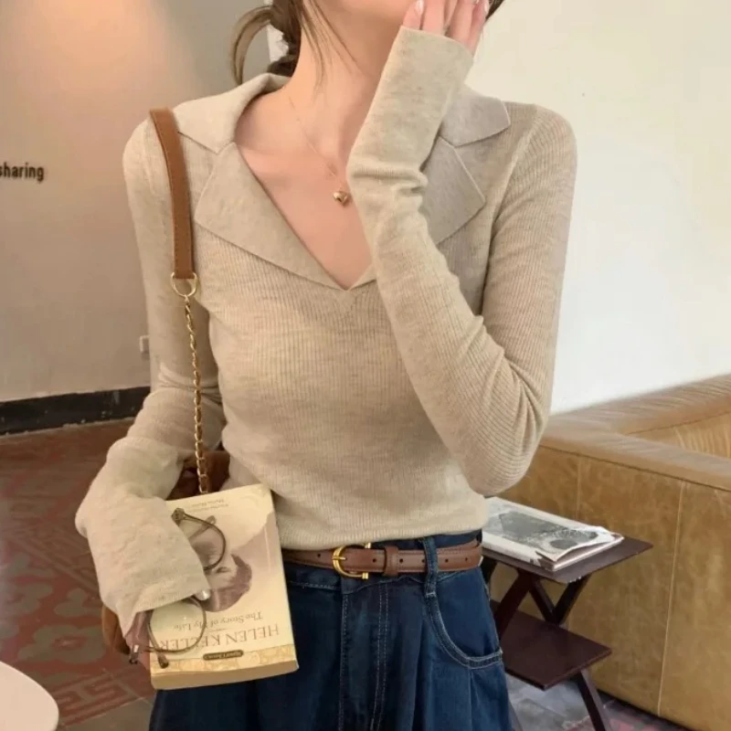 الياقات محبوك قميص المرأة البلوز سترة القمم الإناث طويلة الأكمام سليم صالح متماسكة بلوزة ربيع الخريف عادية Sueter Ligero