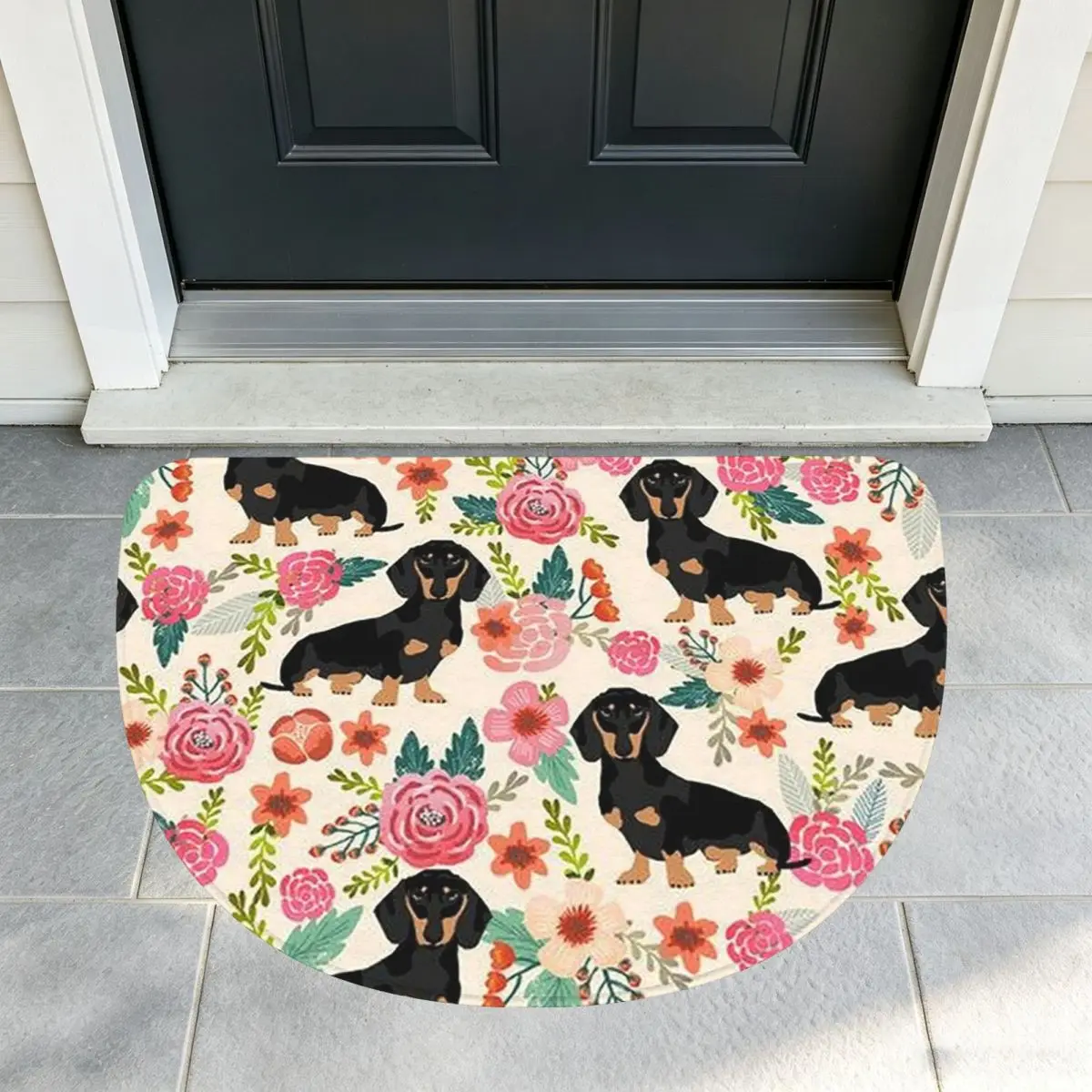 Dachshund Sausage Floral Dog Pattern Soft Flannel Half Round Doormat Non Slip Bathroom Mat Absorbent Floor Carpet Living Room