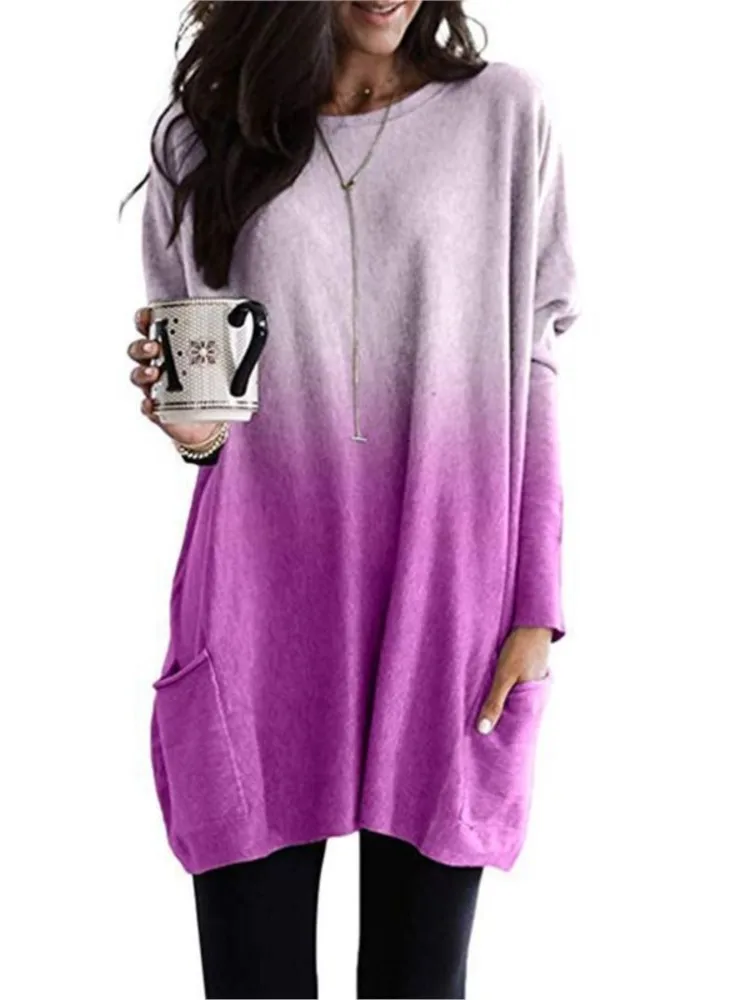 Women\'s Autumn Winter New Fashion Gradient Color Long Sleeved Casual Pocket T-shirt Round Neck Top Women\'s Clothing