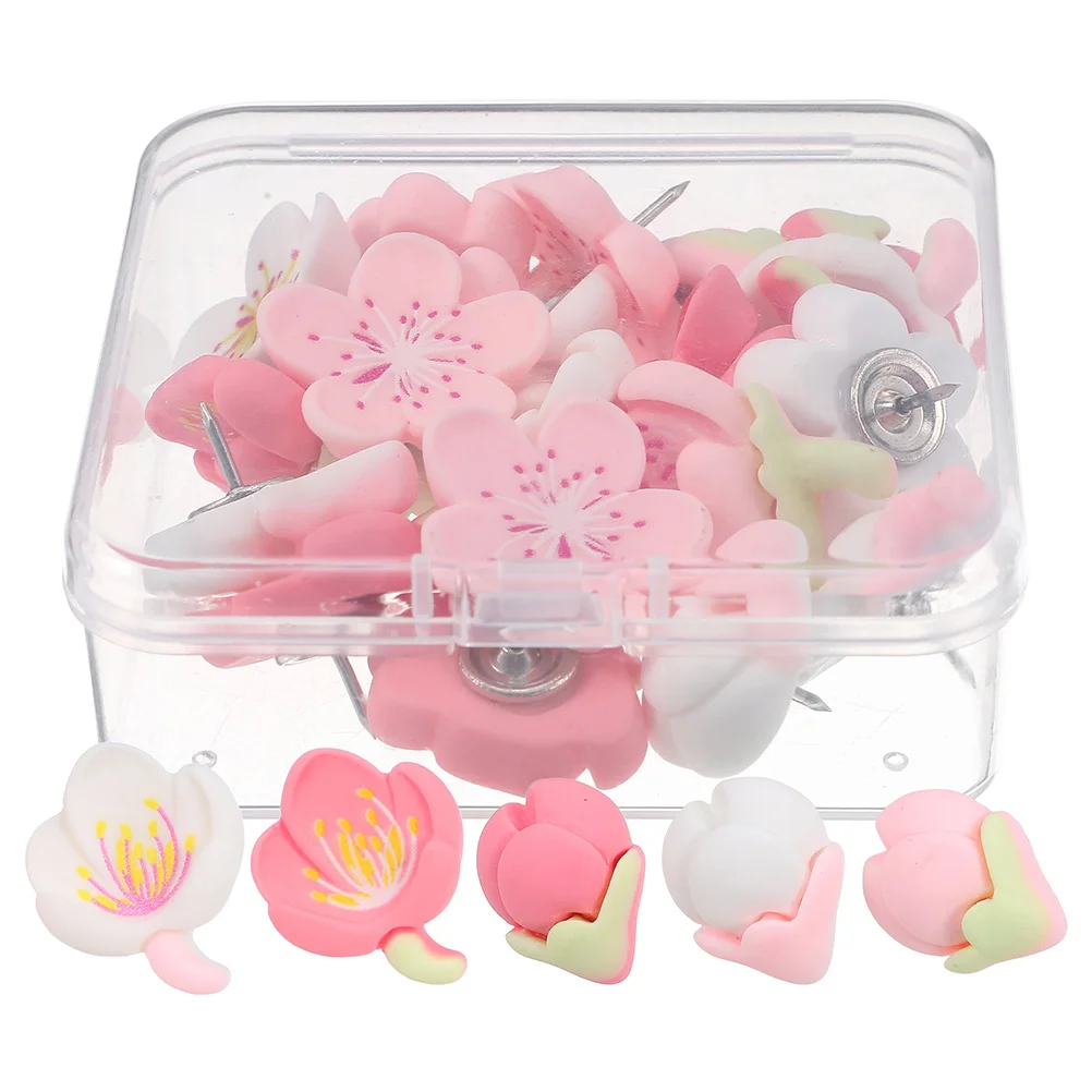 30 pçs flor de cerejeira alfinetes decorativos resina polegar tachas bonito rosa flor alfinetes para quadro de avisos foto parede escritório casa
