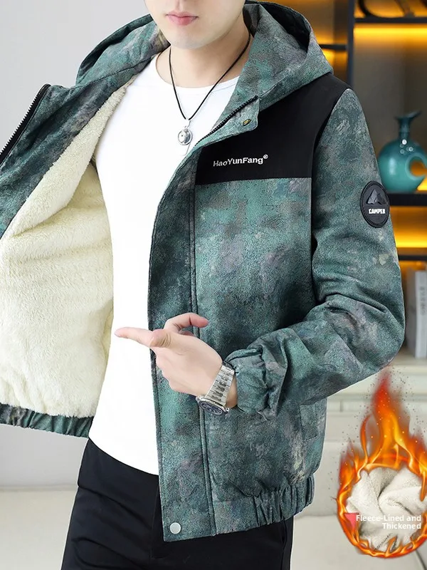 جاكيت رجالي فضفاض على الطراز الأمريكي مبطن بالصوف السميك للخريف والشتاء معطف قطني مطبوع بغطاء للرأس عصري للشباب من ألياف البو...