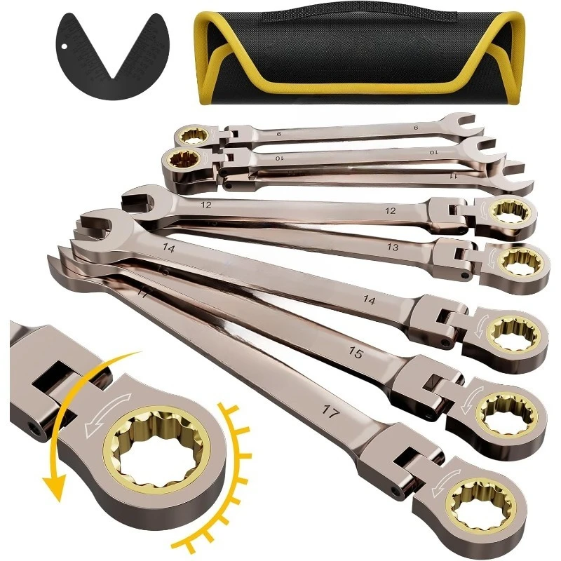 

Flex Head Ratcheting Wrench Set Metric and Standard 9PCS 9-17mm, Combination Wrench Sets