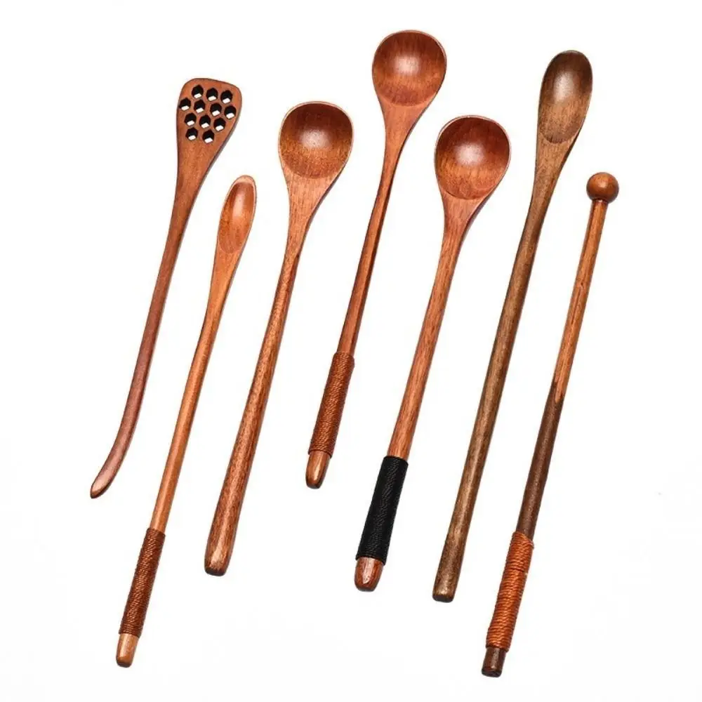 

3Pcs High Quality Long Handle Wooden Spoon Japanese Style Eating Soup Spoon Mixing Flatware Coffee Teaspoon Kitchen Utensil
