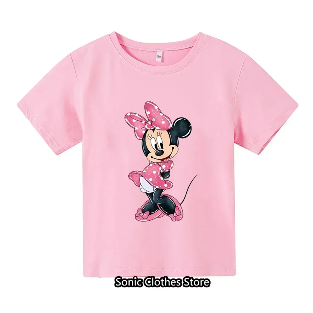 2024 New Cartoon Minnie Mouse Print T-shirt for Girls 3-14 Summer Children's Clothing T-shirt