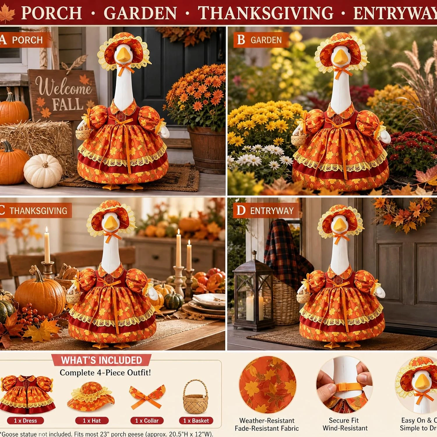 Fall Scarecrow Goose Outfit for 23 Inch Lawn Statue Costume Garden Yard Decoration for Thanksgiving Holiday Outdoor Lawn