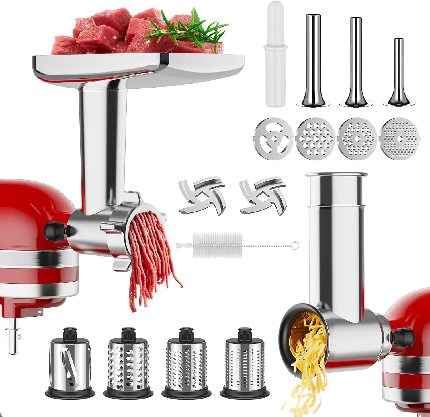 

Stand Mixer Meat Grinder & Cheese Grater Attachment Set with Sausage Stuffer Tubes and Slicer Shredder Blades