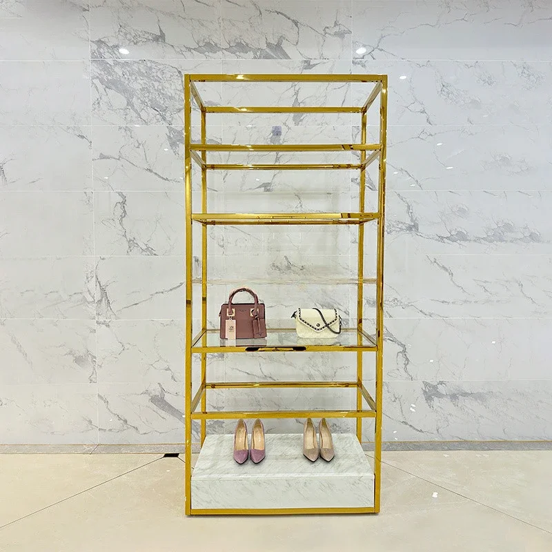 Factory wholesaler perfume display stand high end gold rack stand shelves glass acrylic cosmetic display clothes shop cabinet