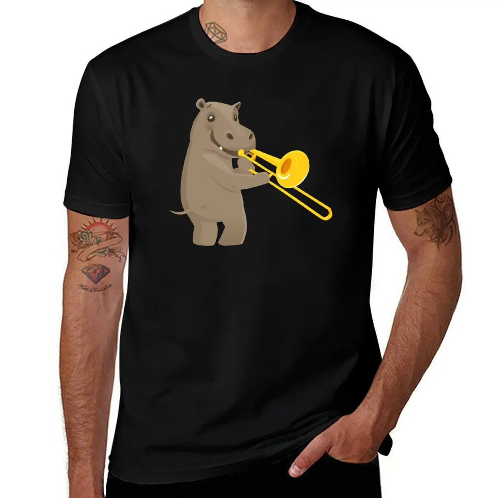 

Funny hippo playing music with trombone T-Shirt man t shirt cotton t shirts for man pack white T-Shirt