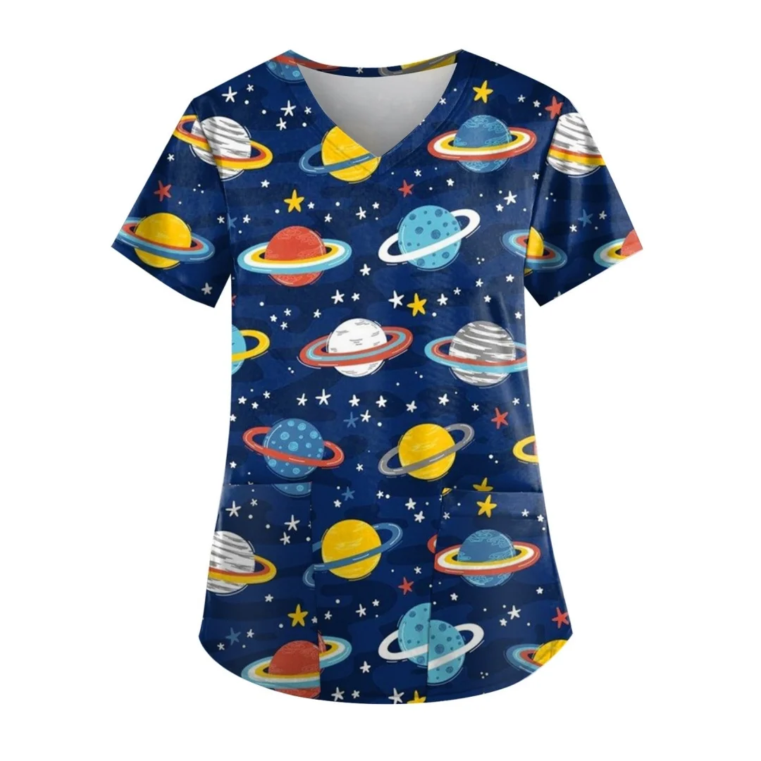 

Fashion Summer Scrub Tops Women's Pockets Nursing Short Sleeve V-Neck 3D Print Casual Scrubs Tops Women Medical Uniform Clothing