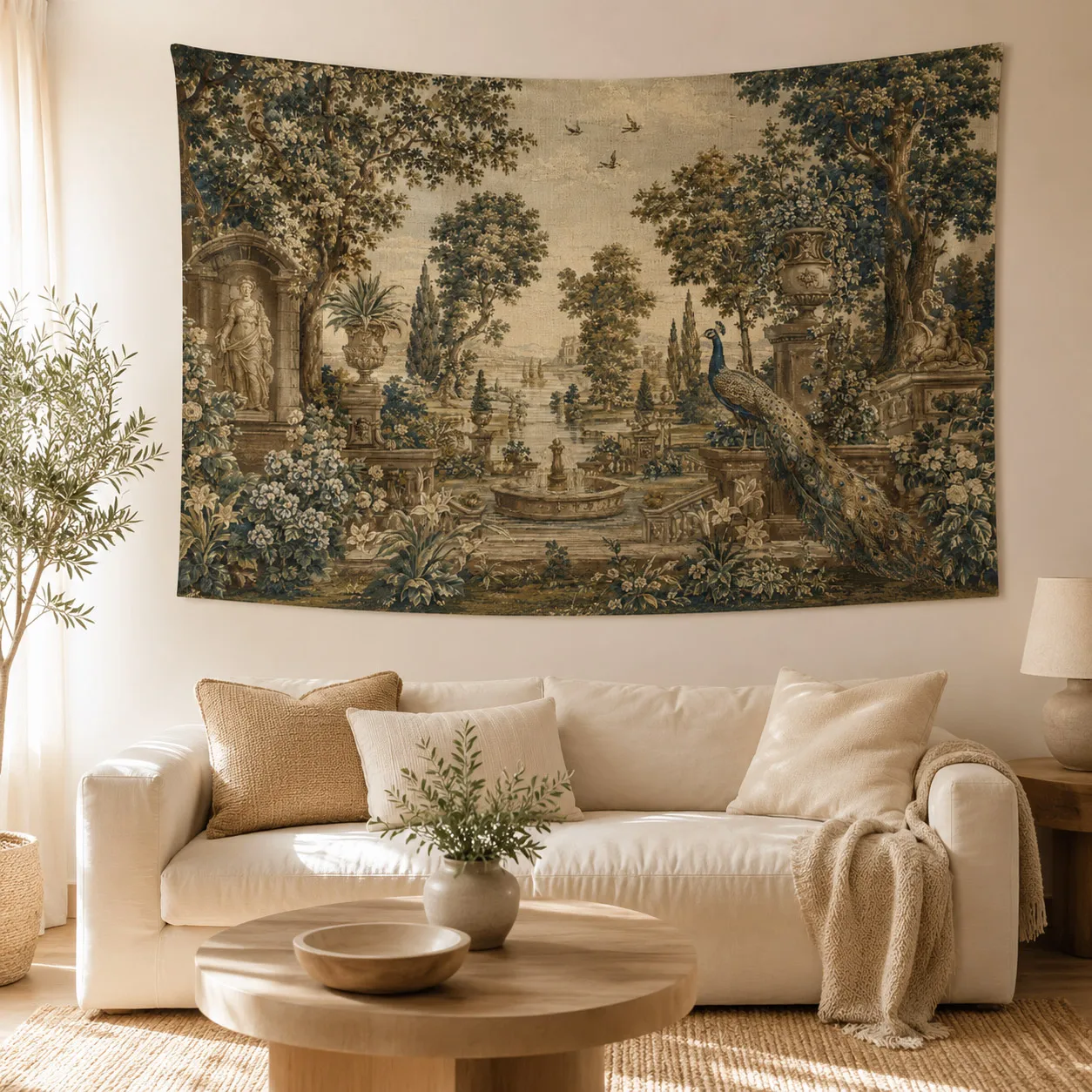 Vintage Peacock Tapestry Classical Garden Wall Hanging Antique Floral Landscape Wall Art for Living Room Bedroom Dorm Home Decor