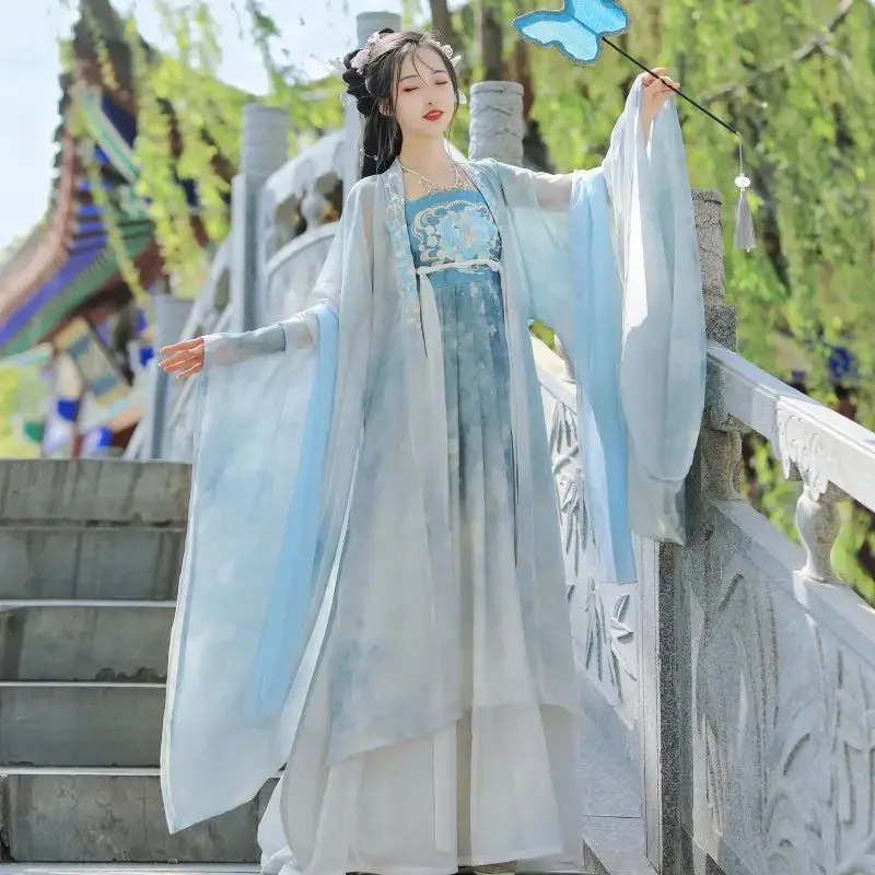 خمر Hanfu المرأة الصينية التقليدية مرحلة فستان رقص الإناث الجنية تأثيري حلي Hanfu مجموعة الأزرق أنيقة الأميرة وتتسابق