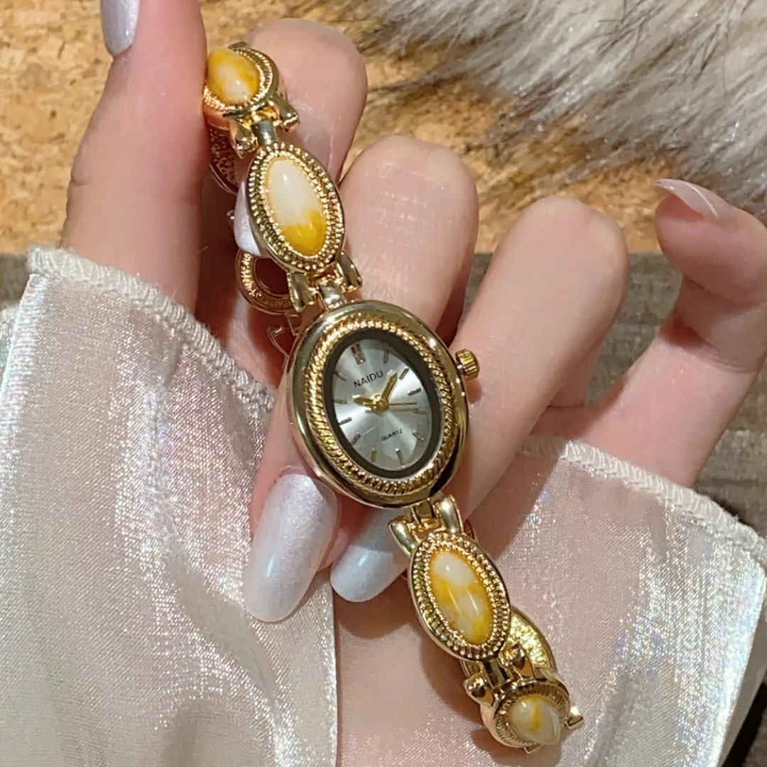 Fashionable Versatile Oval Natural Stone Women Quartz Watch High Quality Gold Quartz Watches Ladies Advanced Chain Wristwatches