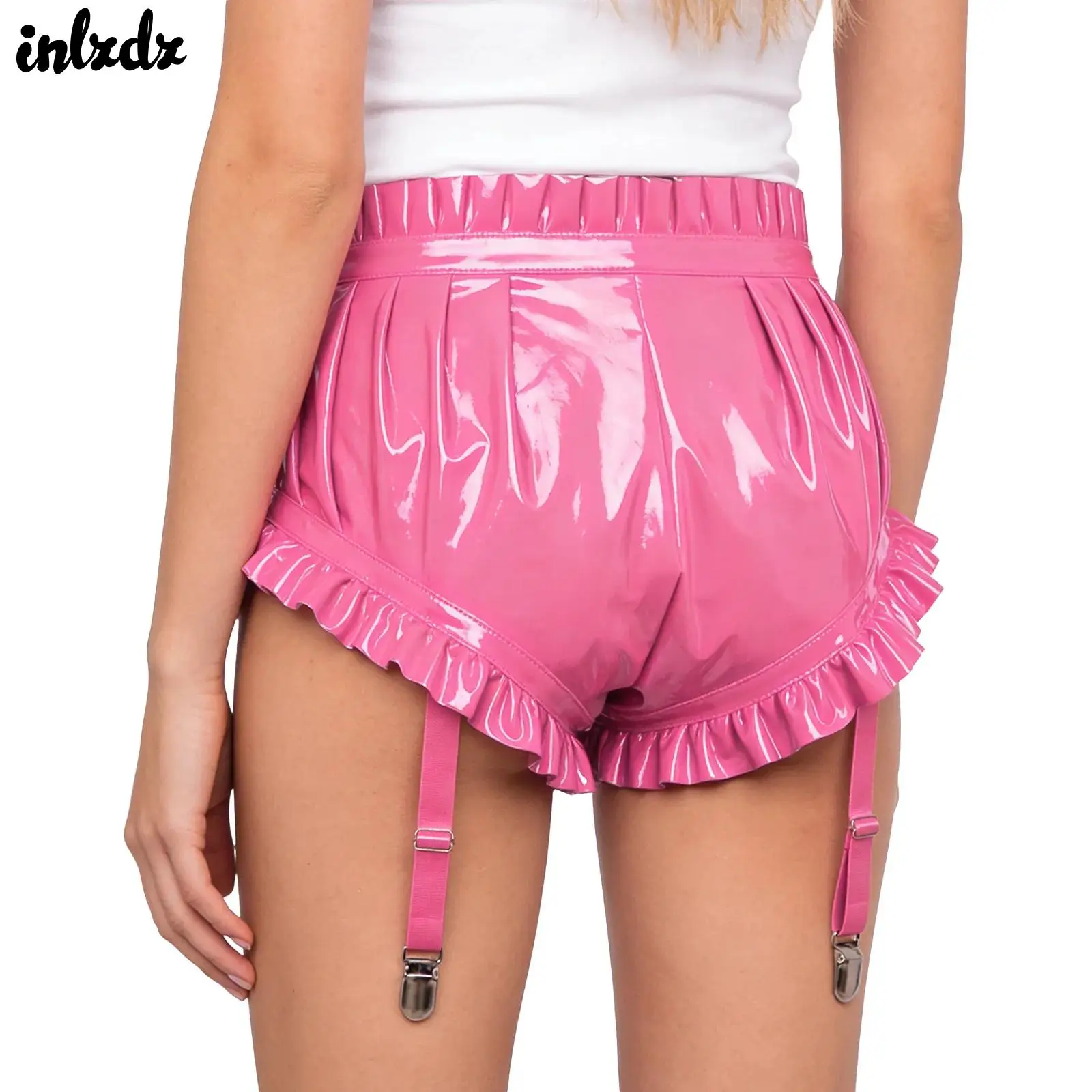 Womens Wet Look Lingerie Latex Shorts Patent Leather Ruffle Trim with Garter Clips Ruched Bloomer Shorts Glossy Rave Clubwear