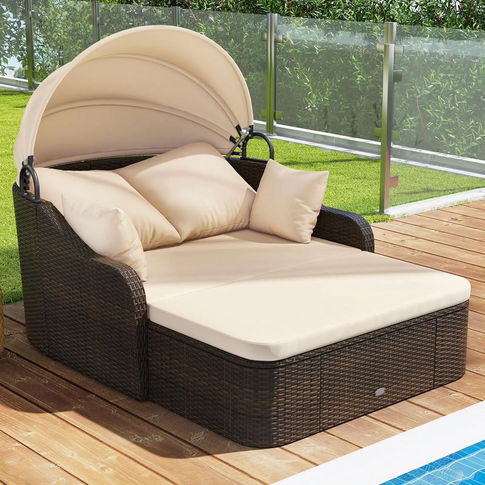 Moccha Outdoor Daybed with Retractable Canopy - PE Rattan Double Chaise Lounge w/ Soft Cushions, Pillows, Ottoman