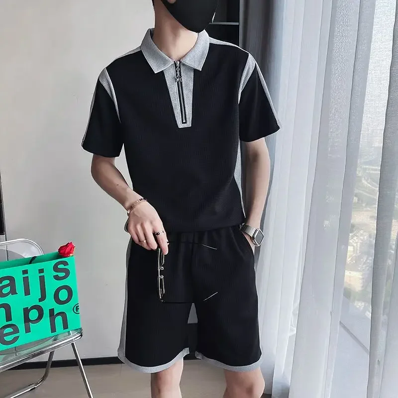 Plain Male Polo T Shirt Shorts Sets Korean Style Top Elastic Sweatshirt High Quality New In Matching Cool Loose Clothes for Men