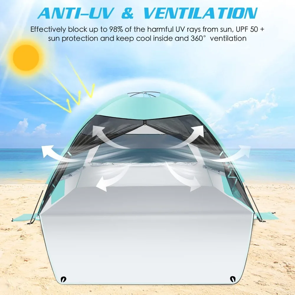 Anti-UV Beach Shade Beach Canopy Tent Sun Shade with Extended Floor 3 Mesh Roll Up Windows Fits 3-4 Person,Portable Shade Tent