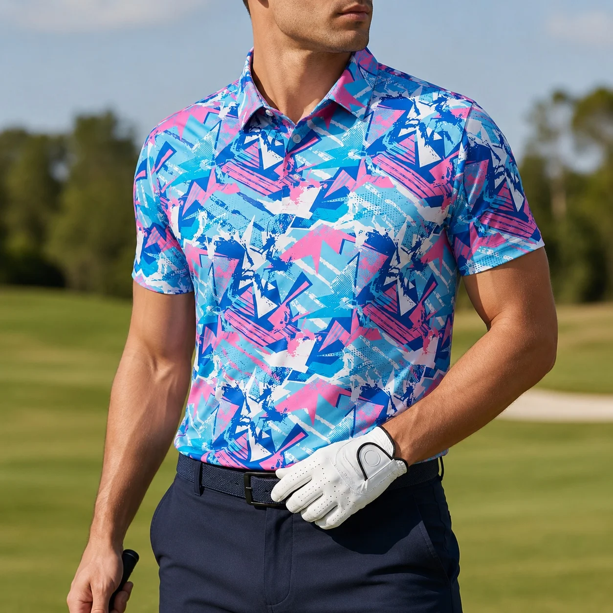 Men's Golf Polo Shirt Short Sleeve Abstract Print Quick Dry Breathable Stretch Sportswear Outdoor Casual Golf Wear Ready Stock