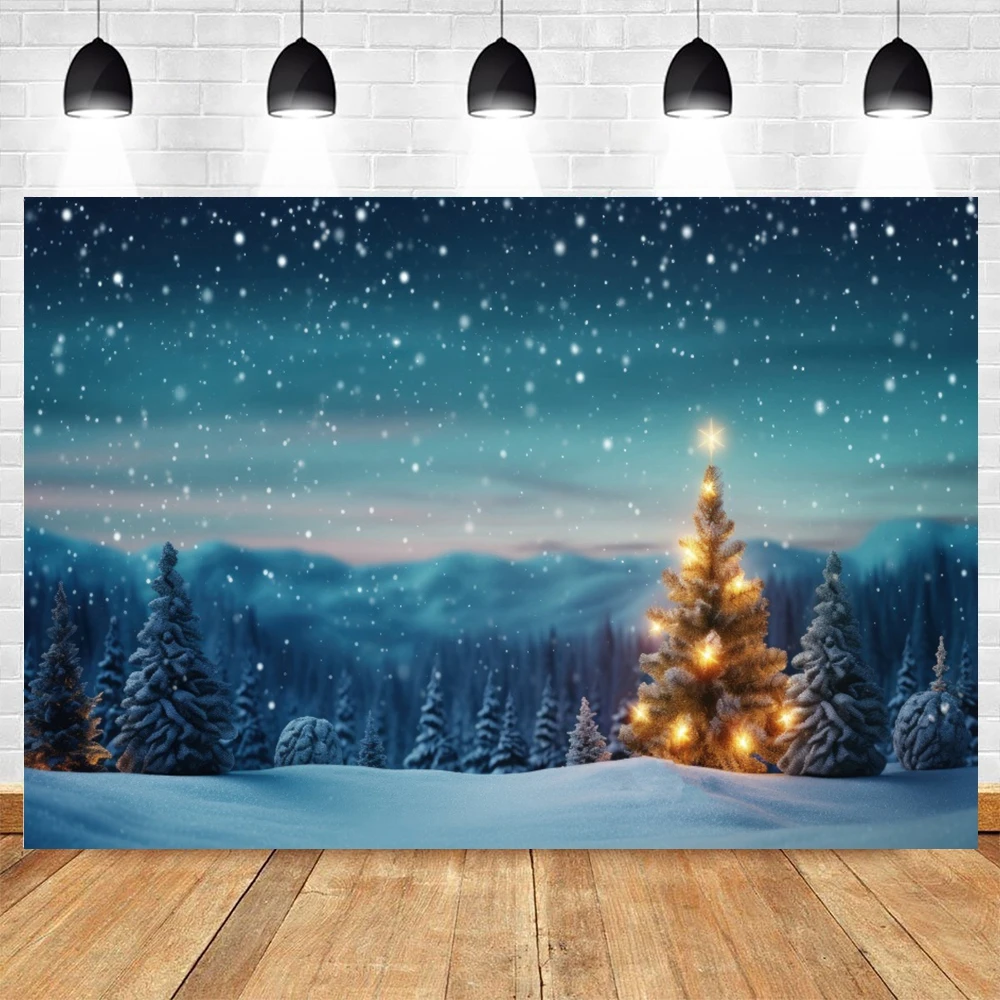 Dark Blue Sky Moon Glitter Star Photography Backdrop Christmas Winter Pine Tree Forest Snow Night Natural Scene Photo Background