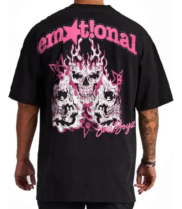 Men's Emotional Pink Skull Flame Vintage Washed T-Shirt, Sad Boy Streetwear Graphic Tee