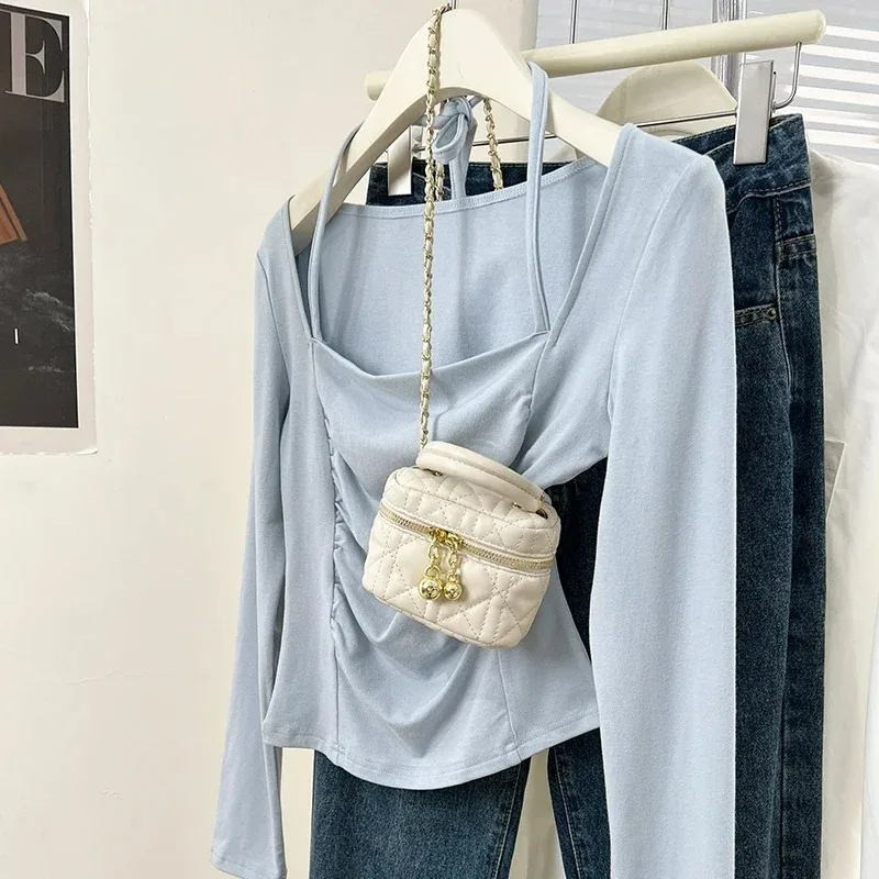 

2025 New Women's Square Collar Long Sleeve T-Shirt, Fashion Pleated Design Slim Fit Solid Color Top