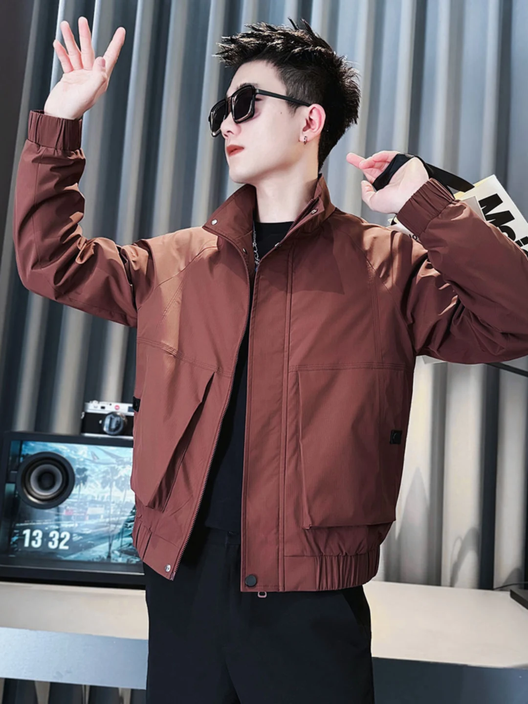 

Casual Men's Jaet 2025 Outerwear Brown Simple New Sle Haome irt ket Spring Autumn Stand Collar Workwear Trendy Brand