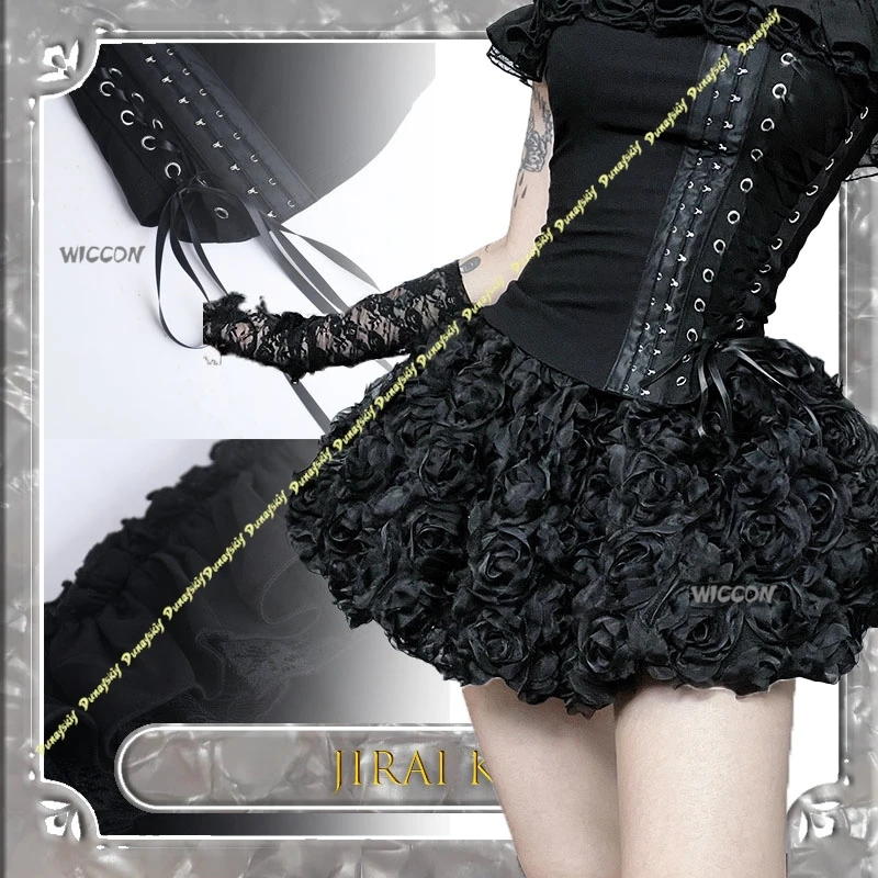 

Black Lace 3d Flower Gothic Lolita Dark Academia Square Neck Corset Pleated Mini Skirt Streetwear 2026New Patten Y2k Jirai Kei
