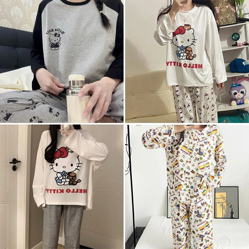 

Anime Kawaii Sanrios Hellokittys Pajamas Girl Student Spring Autumn Models Loose Round Neck Tracksuit Long Sleeves Trousers