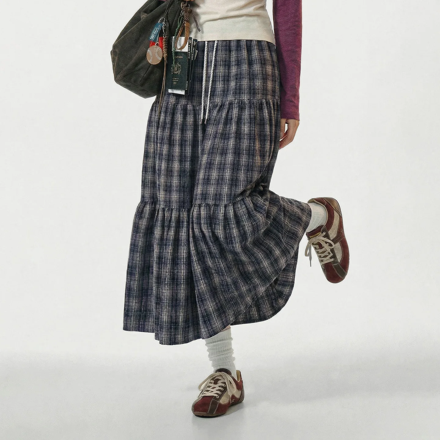 Maden Women’s Vintage Plaid Pleated A-Line Midi Skirt Elastic Waist Patchwork Long Skirt for Spring Summer Casual Wear