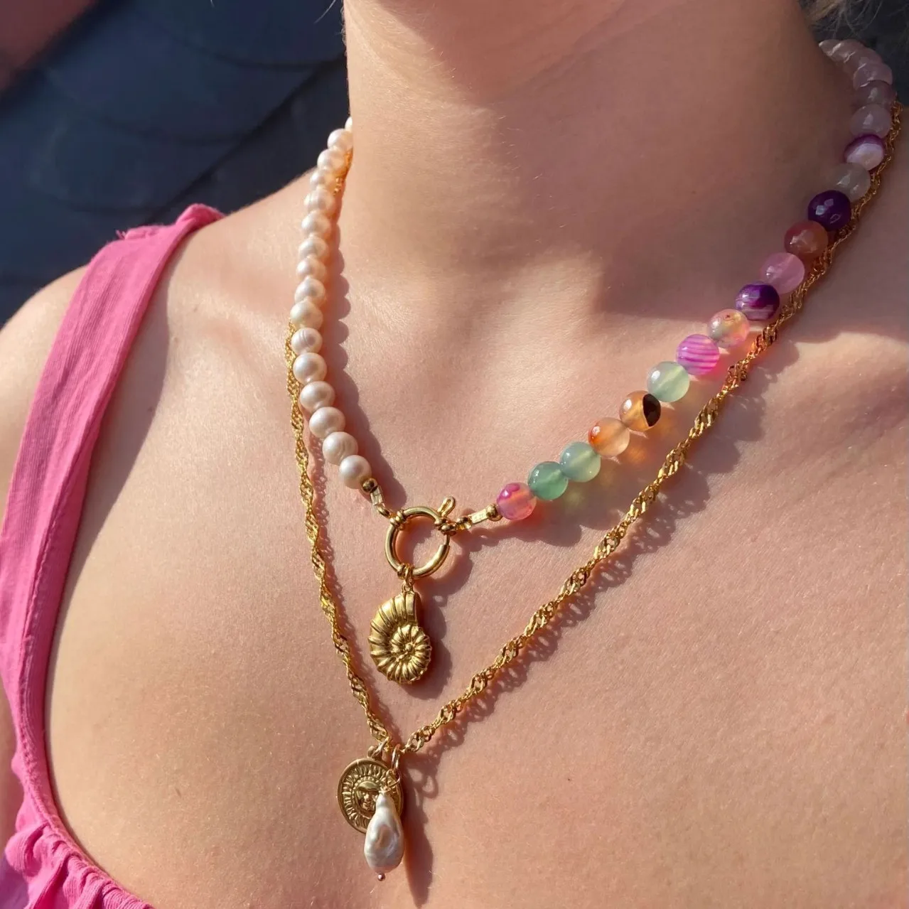 Handmade Beaded Sea Snail Shell Pendant Necklace Boho Colorful Glass Bead Collar Choker Stackable Stainless Summer Beach Jewelry