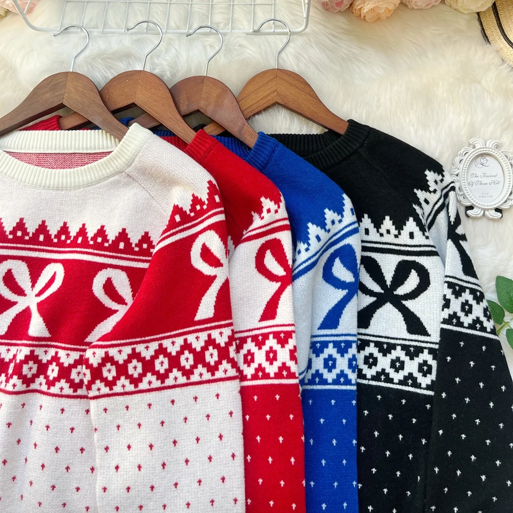 YuooMuoo Ins Fashion Aesthetic Sweaters Women 2025 Autumn Winter Vintage Y2K Bows Jacquard Pullover Korean Lady Knitted Tops