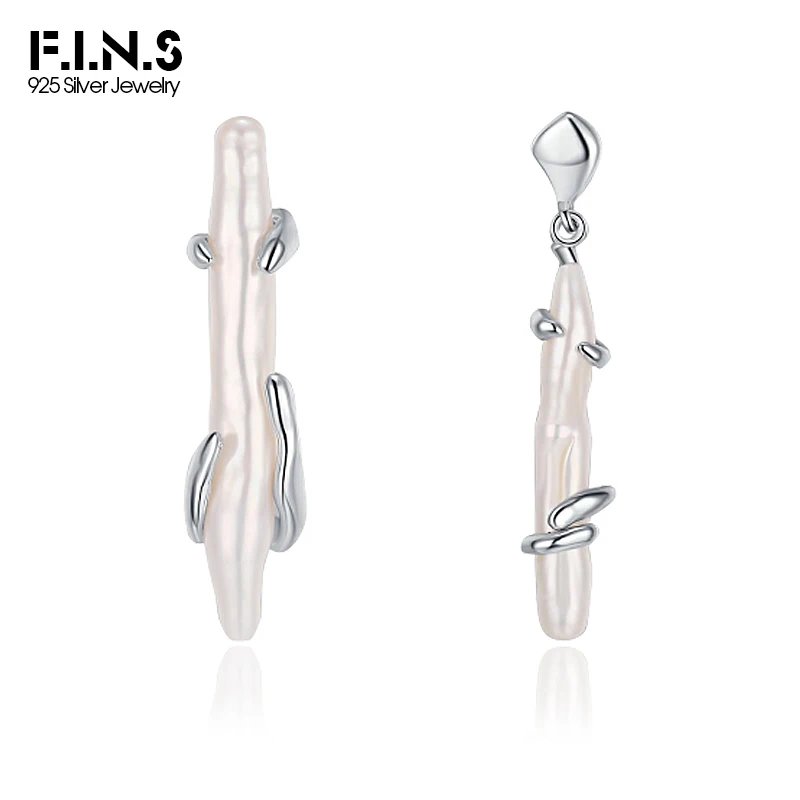 

F.I.N.S Asymmetric S925 Sterling Silver Toothpick Freshwater Pearl Earrings Chic Style Irregular Piercing Drop Ear Fine Jewelry