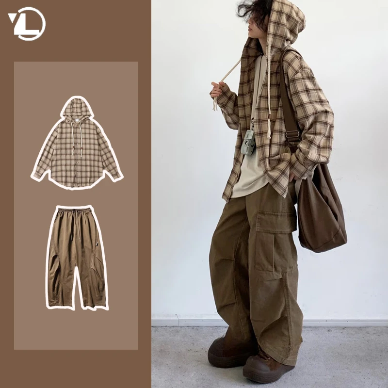 Autumn Vintage Plaid Shirt Set Mens Japanese Color Blocked Hooded Jacket+Breathable Straight Leg Cargo Pants Suits College 2-pcs