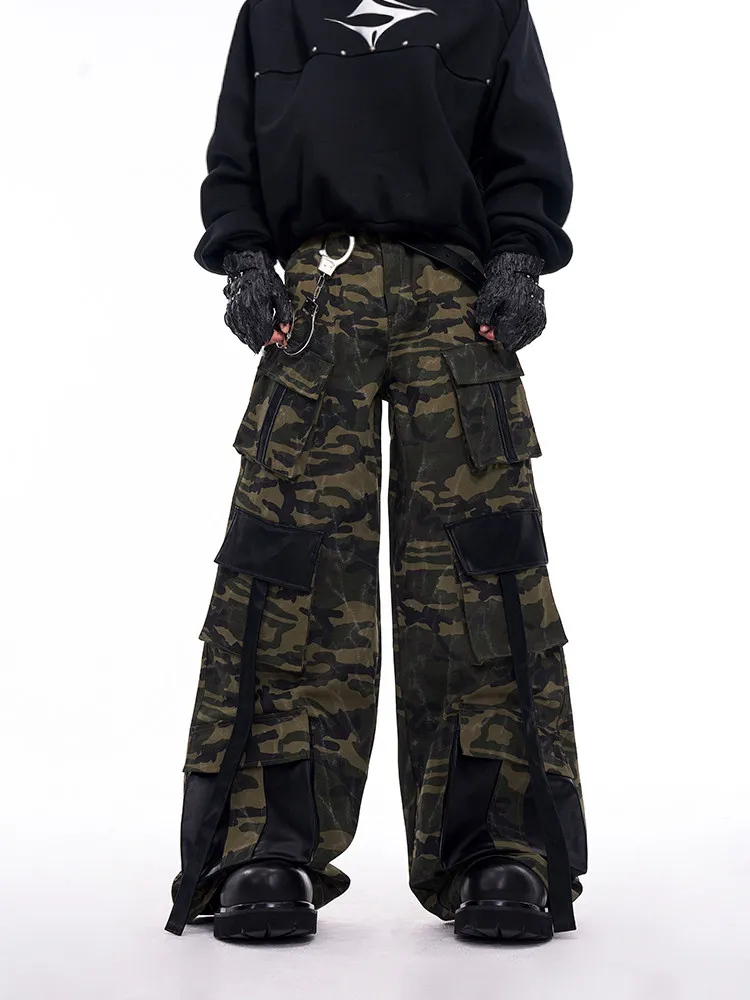 

American Retro Street Camouflage Men's Casual Pants Autumn Winter Patchwork Leather Multiple kets Workwear Loose Straight Leg