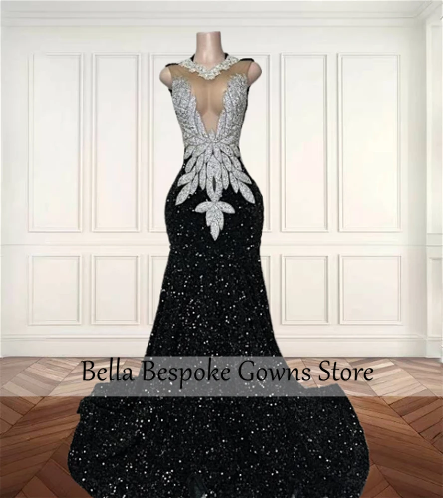 Black O Neck Mermaid Long Prom Dresses Sequin Evening Dress Bead Crystal Rhinestone Beauty Pageant Gowns Customized