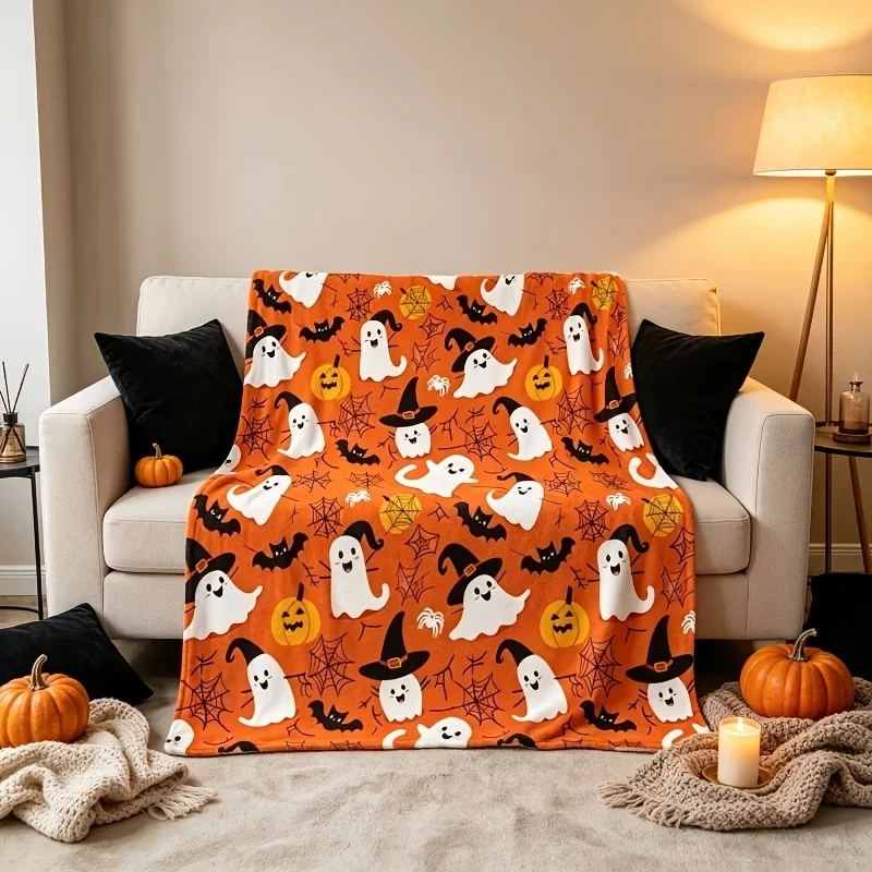 Pink Halloween Boo Ghost Pumpkin Flannel Throw Blanket,Bat Flower Star Print Soft Warm Blanket for Sofa Bed Halloween Home Decor