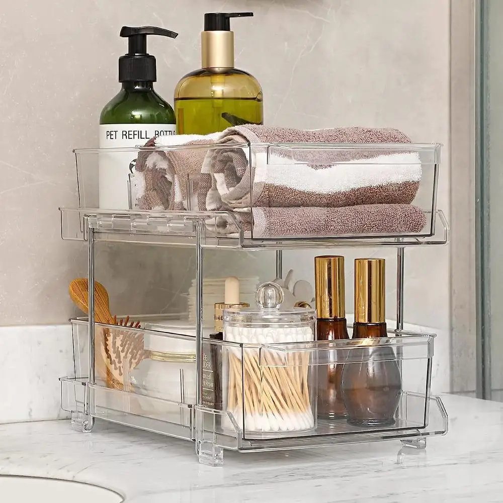 2 Tier Clear Organizer With Dividers Multi-functional Organizer Bathroom Countertop Rack Kitchen Snack Storage Holder