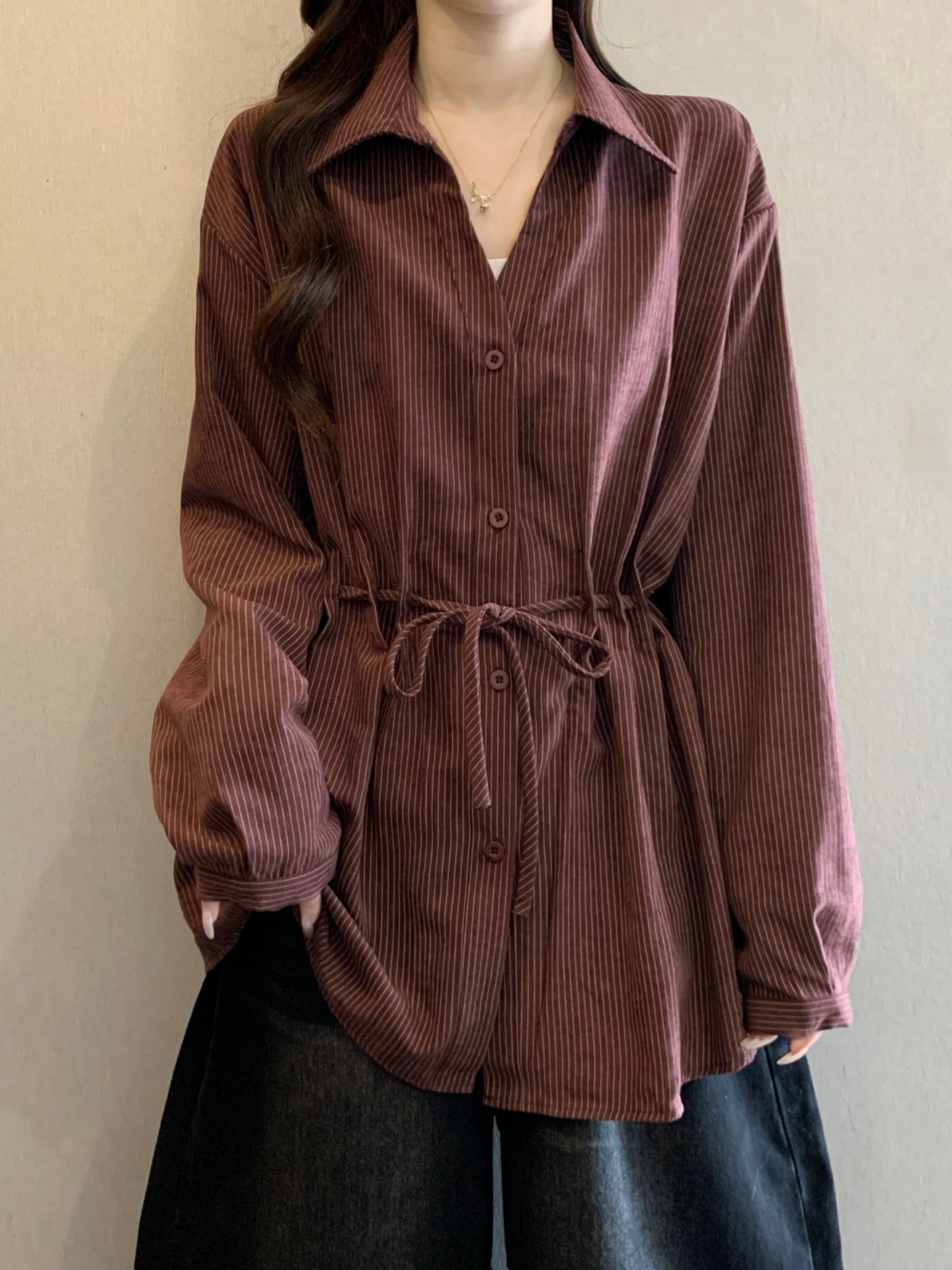 

Slimming Striped V-Neck Long Sleeve Base Shirt Women's Spring Autumn New Large Size Fat MM Middle Length Belted Waist Shirt